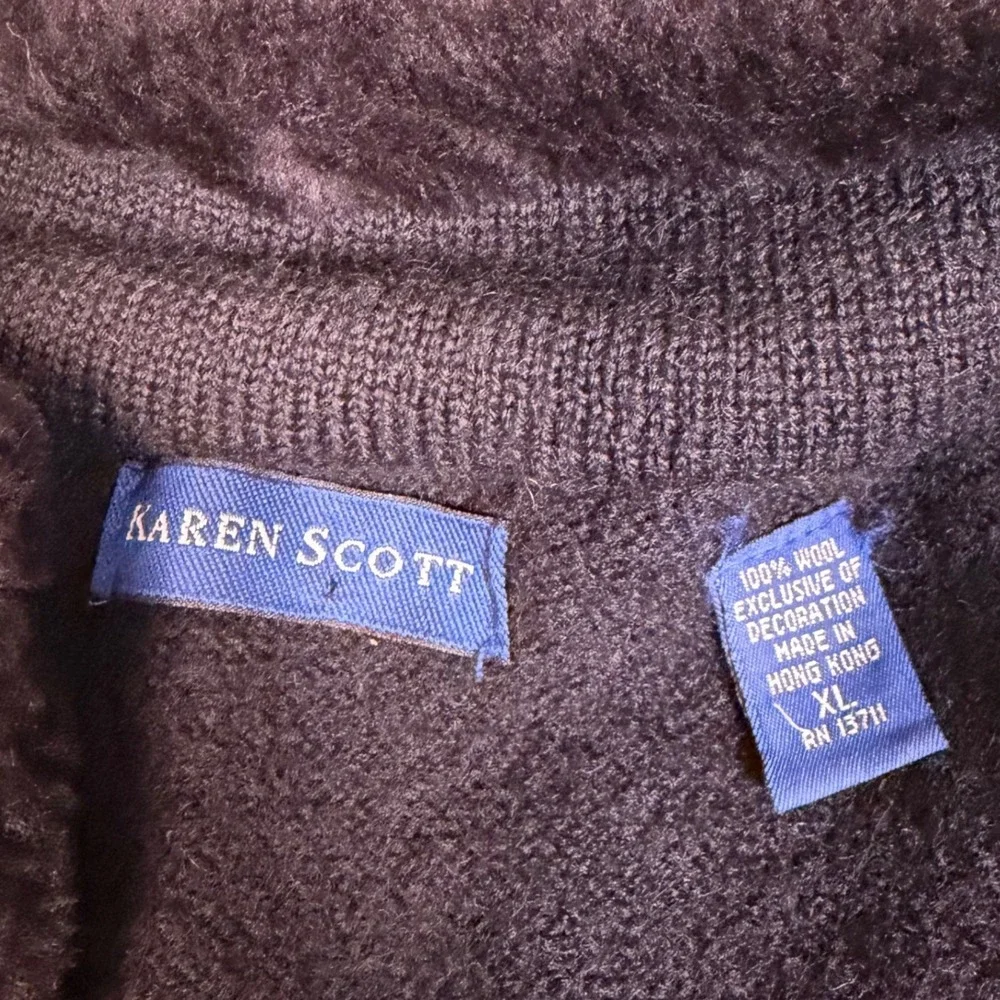 VTG‎ Karen Scott Wool Zip Sweater Jacket Faux Fur Collar Fair Isle Nordic XL